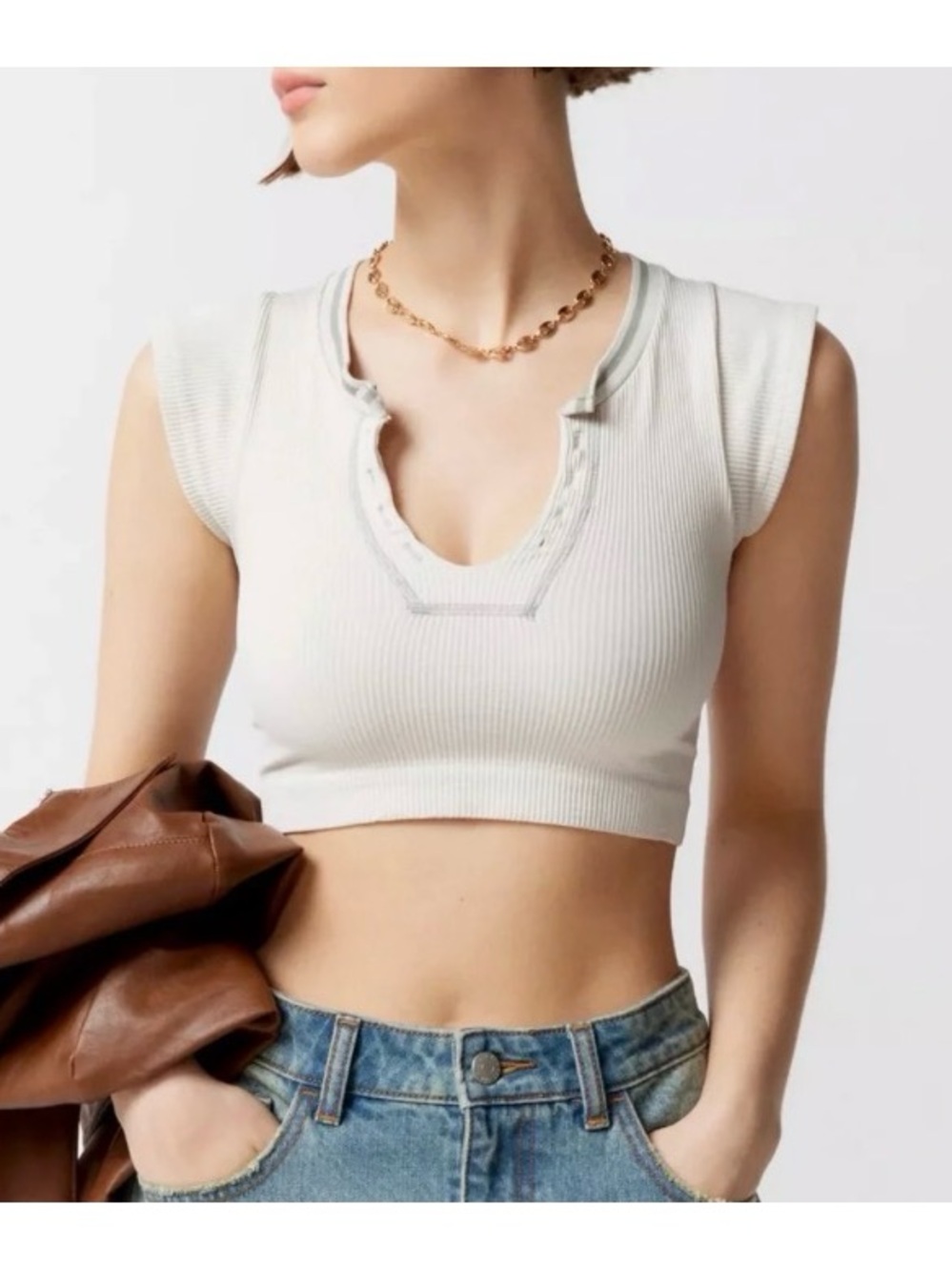 Urban Outfitters Ivory Ribbed Snap-Front Crop Top with Gray Trim
